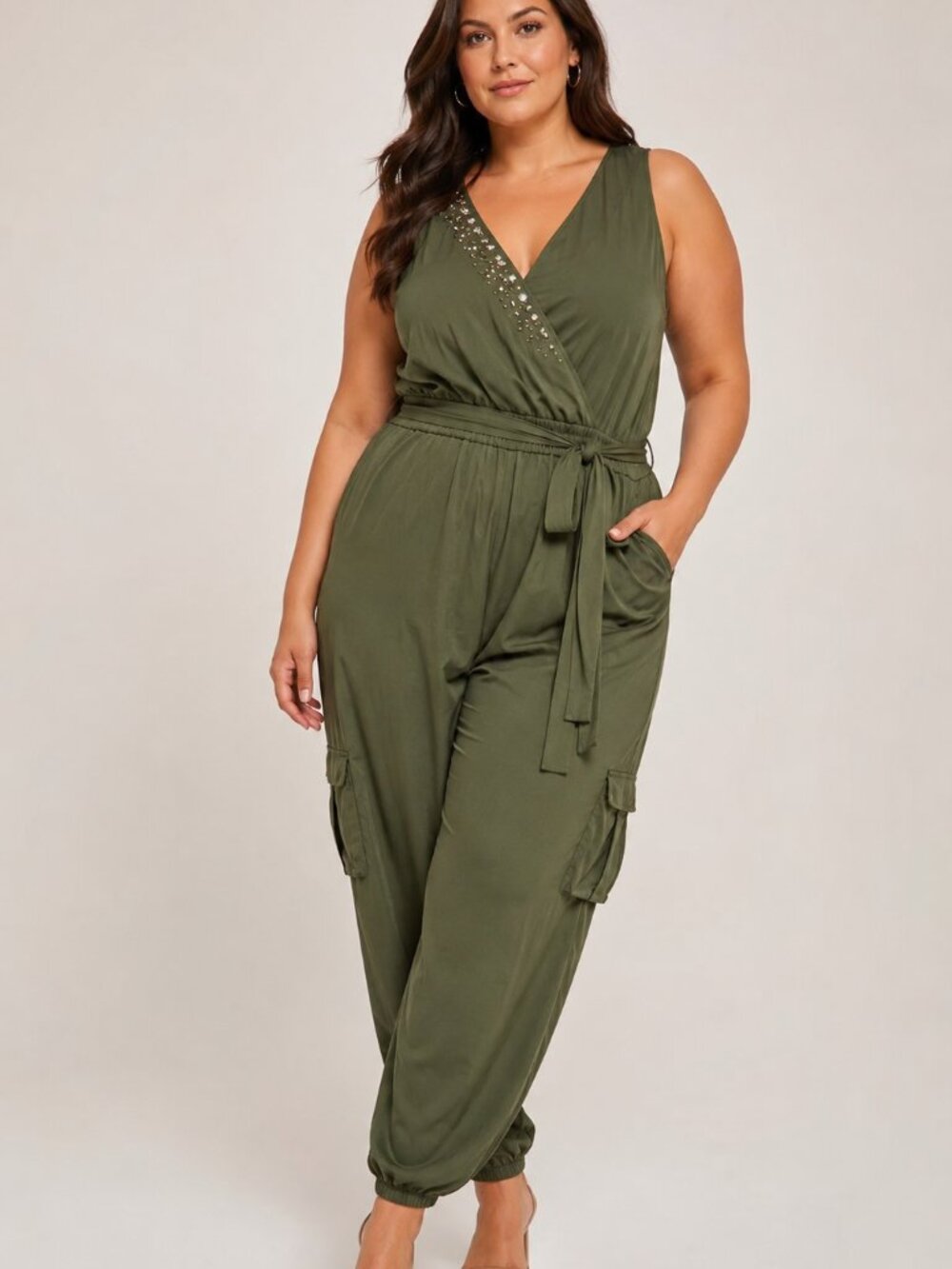 VENUS Olive Green Embellished Cargo Jumpsuit 2X Plus Size Sleeveless Tie Waist